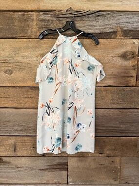 Cooper and Ella Saga floral cold shoulder dress, Size 8, light blue with florals